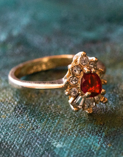 Load image into Gallery viewer, Vintage 1990's Ring Ruby and Clear Austrian Crystals 18k Yellow Gold Plated by PVD Vintage Jewelry
