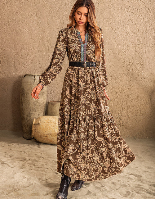 Load image into Gallery viewer, Ruched Printed Notched Long Sleeve Maxi Dress
