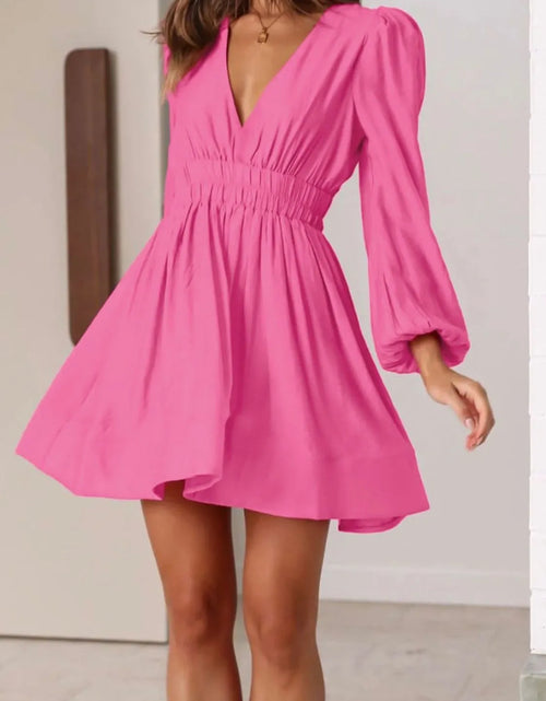 Load image into Gallery viewer, Ruched V-Neck Balloon Sleeve Mini Dress
