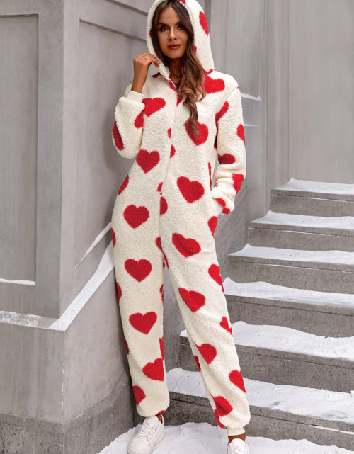 Load image into Gallery viewer, Fuzzy Heart Zip Up Hooded Lounge Jumpsuit
