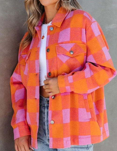 Load image into Gallery viewer, Plaid Collared Neck Button Up Jacket
