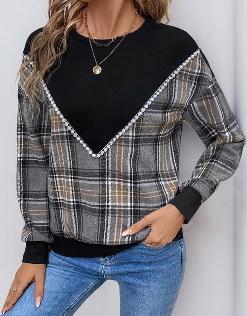 Load image into Gallery viewer, Perfee Plaid Round Neck Long Sleeve Sweatshirt

