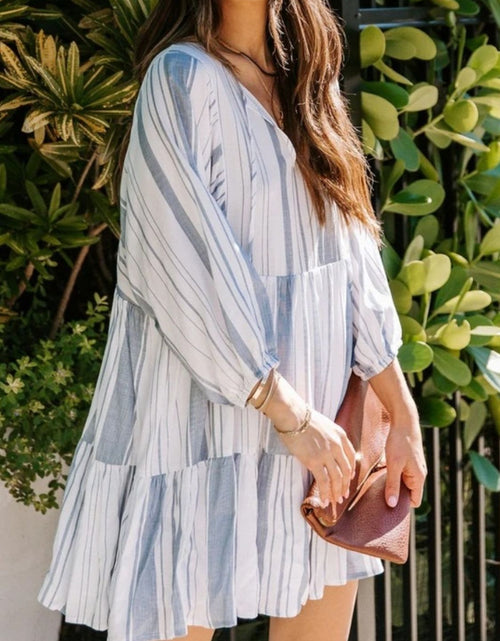 Load image into Gallery viewer, Tassel Striped Tie Neck Batwing Sleeve Dress
