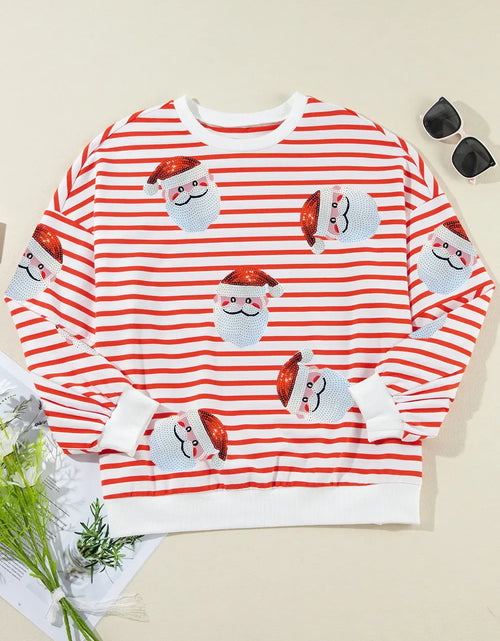 Load image into Gallery viewer, Sequin Santa Striped Round Neck Long Sleeve Sweatshirt
