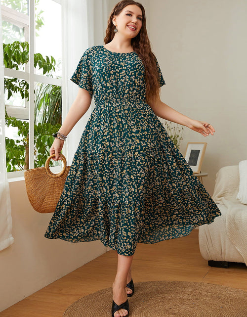 Load image into Gallery viewer, Honey Plus Size Floral Round Neck Short Sleeve Midi Dress
