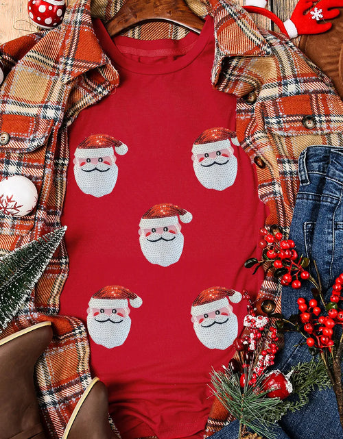 Load image into Gallery viewer, Sequin Santa Round Neck Short Sleeve T-Shirt
