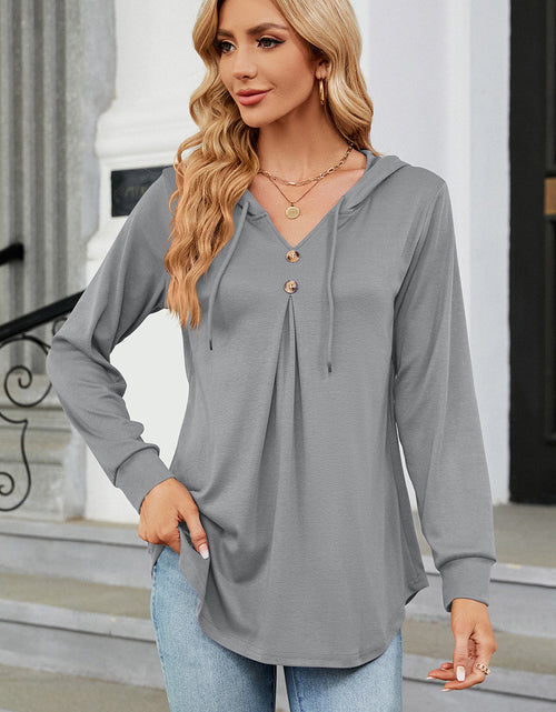 Load image into Gallery viewer, Decorative Button Drawstring Long Sleeve Hoodie
