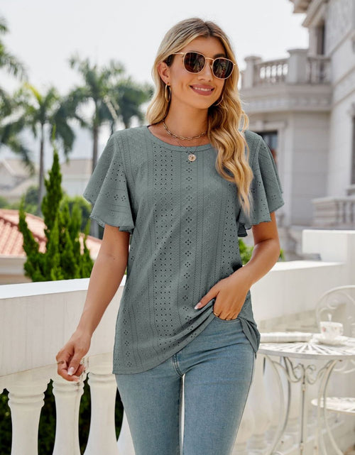 Load image into Gallery viewer, Eyelet Flutter Sleeve Round Neck Top
