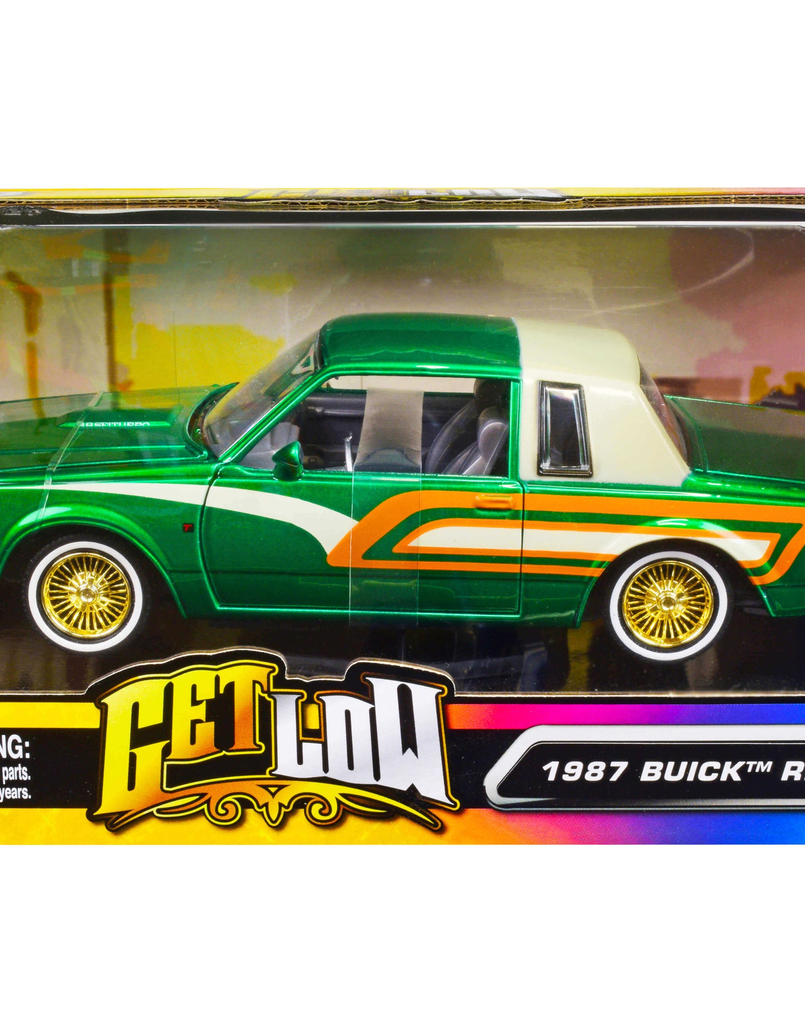 1987 Buick Regal 3.8 SFI Turbo Green Metallic and Cream with Graphics "Get Low" Series 1/24 Diecast Model Car by Motormax