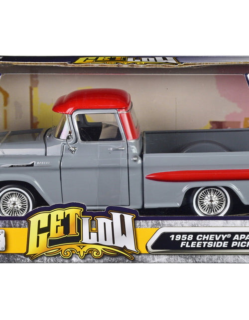 Load image into Gallery viewer, 1958 Chevrolet Apache Fleetside Pickup Truck Lowrider Gray with Red Top "Get Low" Series 1/24 Diecast Model Car by Motormax
