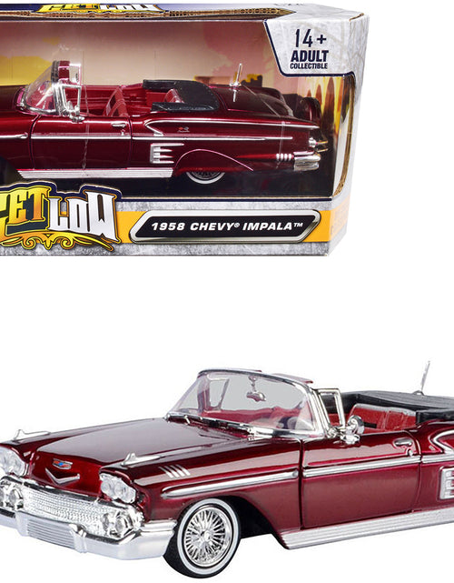 Load image into Gallery viewer, 1958 Chevrolet Impala Convertible Lowrider Dark Red Metallic with Red Interior "Get Low" Series 1/24 Diecast Model Car by Motormax
