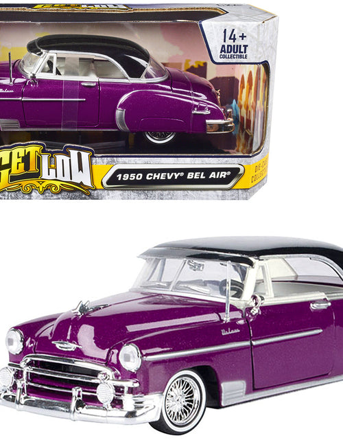 Load image into Gallery viewer, 1950 Chevrolet Bel Air Lowrider Purple Metallic with Black Top and White Interior "Get Low" Series 1/24 Diecast Model Car by Motormax
