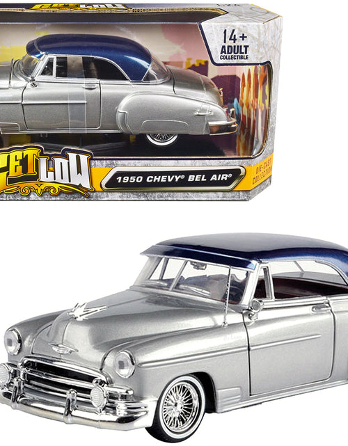 Load image into Gallery viewer, 1950 Chevrolet Bel Air Lowrider Silver Metallic with Blue Metallic Top "Get Low" Series 1/24 Diecast Model Car by Motormax
