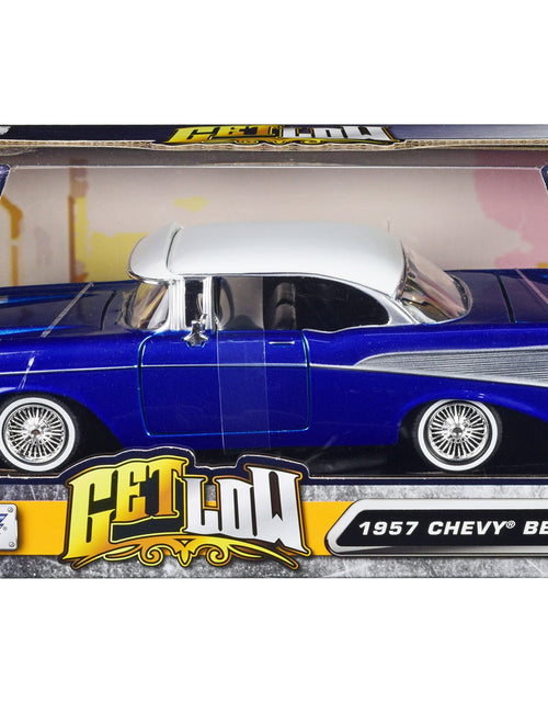 Load image into Gallery viewer, 1957 Chevrolet Bel Air Lowrider Candy Blue with White Top "Get Low" Series 1/24 Diecast Model Car by Motormax
