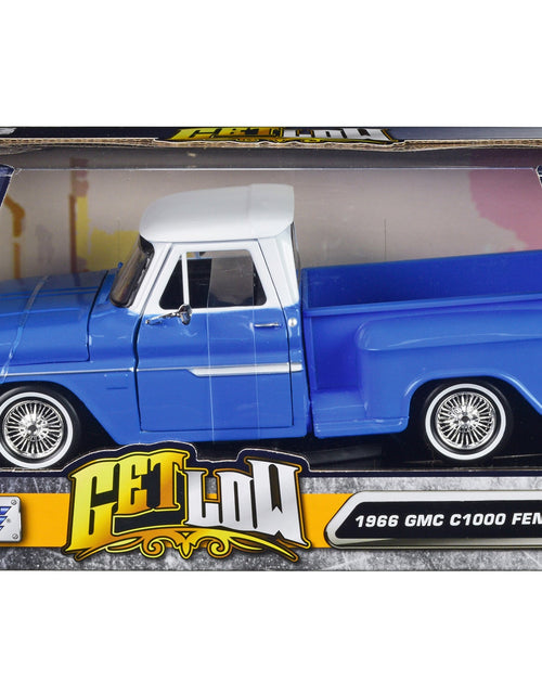 Load image into Gallery viewer, 1966 GMC C1000 Fenderside Pickup Truck Lowrider Blue with White Top "Get Low" Series 1/24 Diecast Model Car by Motormax
