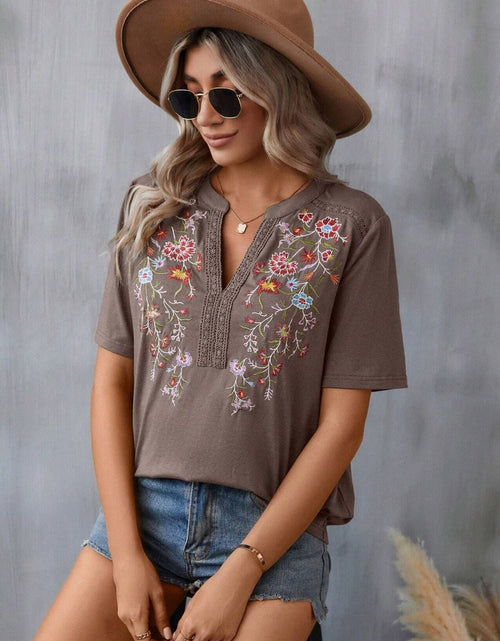 Load image into Gallery viewer, Embroidered Notched Short Sleeve T-Shirt
