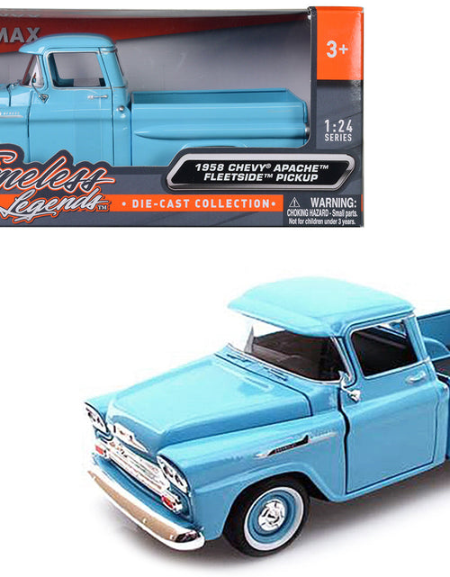 Load image into Gallery viewer, 1958 Chevrolet Apache Fleetside Pickup Truck Light Blue 1/24 Diecast Model Car by Motormax
