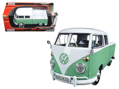 Load image into Gallery viewer, Volkswagen Type 2 (T1) Double Cab Pickup Truck White and Green 1/24 Diecast Model Car by Motormax
