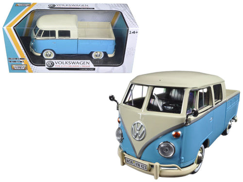 Load image into Gallery viewer, Volkswagen Type 2 (T1) Double Cab Pickup Truck Light Blue and Cream 1/24 Diecast Model Car by Motormax
