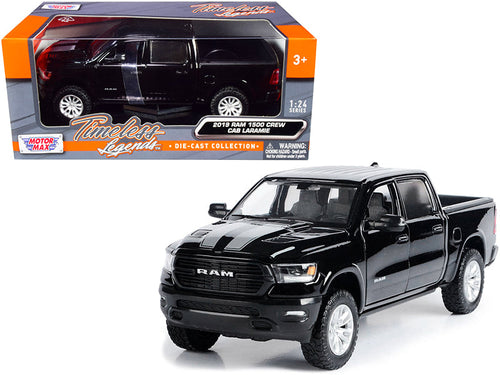 Load image into Gallery viewer, 2019 RAM 1500 Laramie Crew Cab Pickup Truck Black with Silver Stripes 1/24 Diecast Model Car by Motormax
