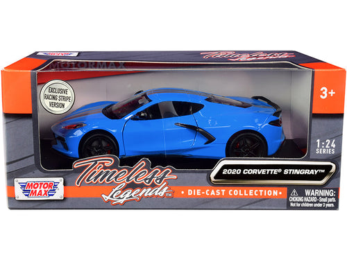 Load image into Gallery viewer, 2020 Chevrolet Corvette C8 Stingray Blue with Silver Racing Stripes "Timeless Legends" 1/24 Diecast Model Car by Motormax
