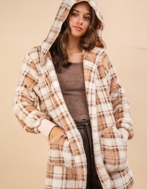 Load image into Gallery viewer, VERY J Fuzzy Plaid Long Sleeve Hooded Jacket
