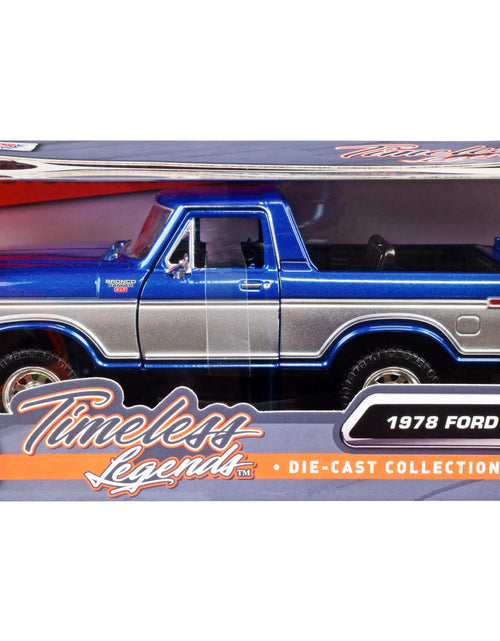 Load image into Gallery viewer, 1978 Ford Bronco Ranger XLT (Open Top) with Spare Tire Blue Metallic and Silver "Timeless Legends" Series 1/24 Diecast Model Car by Motormax
