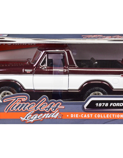 Load image into Gallery viewer, 1978 Ford Bronco Ranger XLT (Open Top) with Spare Tire Burgundy Metallic and White "Timeless Legends" Series 1/24 Diecast Model Car by Motormax
