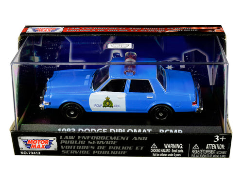 Load image into Gallery viewer, 1983 Dodge Diplomat "Royal Canadian Mounted Police" (RCMP) Light Blue and White 1/43 Diecast Model Car by Motormax
