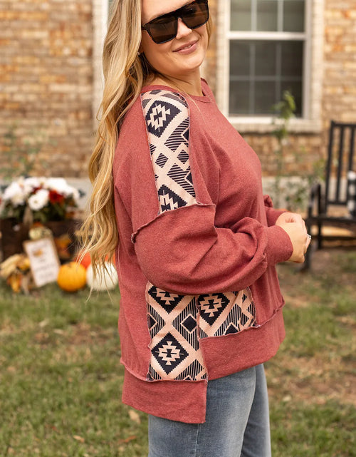 Load image into Gallery viewer, Plus Size Geometric Round Neck Long Sleeve Sweatshirt
