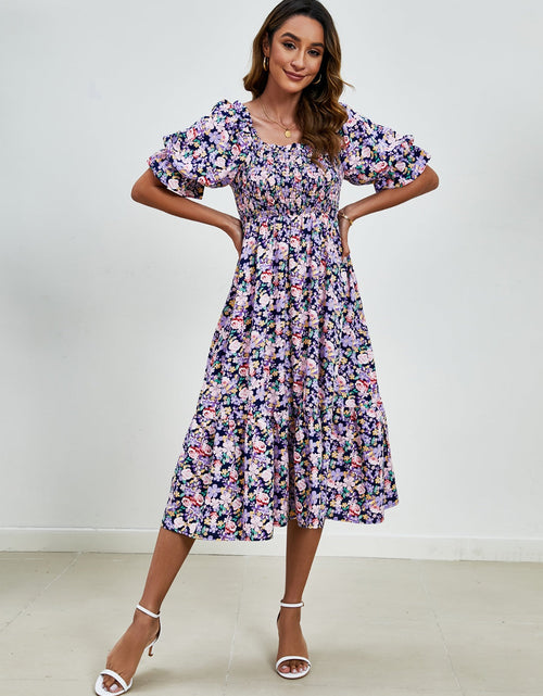 Load image into Gallery viewer, Smocked Floral Square Neck Short Sleeve Dress

