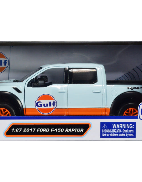 Load image into Gallery viewer, 2017 Ford F-150 Raptor Pickup Truck Light Blue with Orange Stripes "Gulf Oil" "Gulf Die-Cast Collection" 1/27 Diecast Model Car by Motormax
