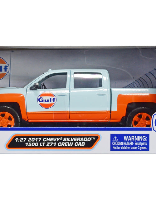 Load image into Gallery viewer, 2017 Chevrolet Silverado 1500 LT Z71 Crew Cab Pickup Truck Light Blue with Orange Stripes "Gulf Oil" "Gulf Die-Cast Collection" 1/27 Diecast Model Car by Motormax
