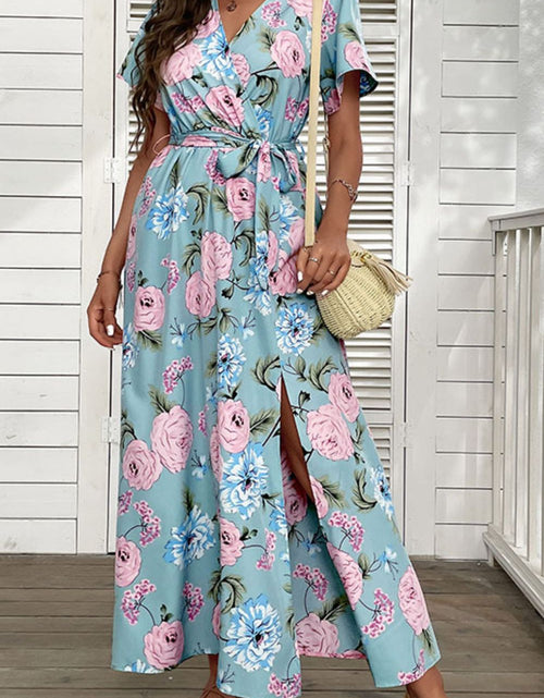 Load image into Gallery viewer, Perfee Floral Tie-Waist Slit Surplice Maxi Dress
