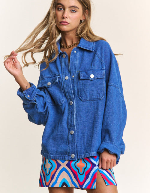 Load image into Gallery viewer, J.NNA Snap Down Long Sleeve Denim Shacket
