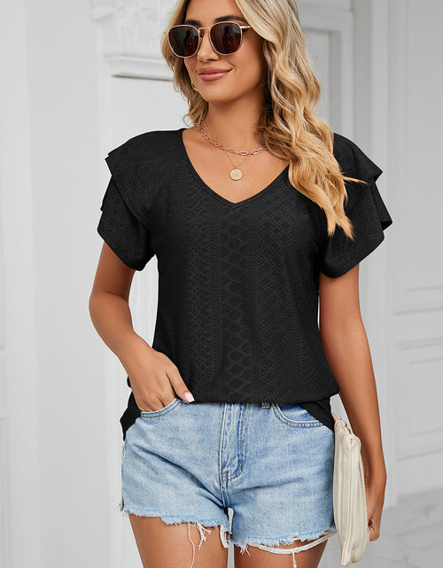 Load image into Gallery viewer, Eyelet V-Neck Short Sleeve T-Shirt

