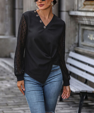 Load image into Gallery viewer, Twisted Decorative Button Long Sleeve T-Shirt
