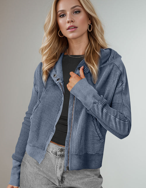 Load image into Gallery viewer, Double Take Waffle-Knit Zip Up Long Sleeve Hooded Jacket
