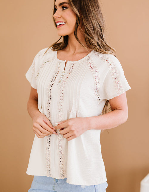 Load image into Gallery viewer, Crochet Eyelet Buttoned Short Sleeves Top
