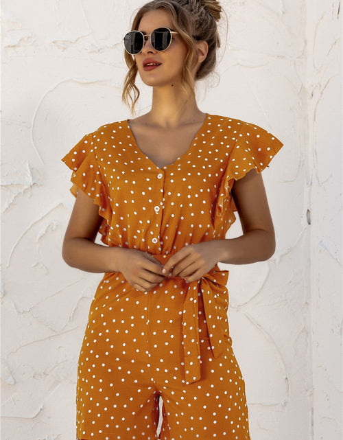 Load image into Gallery viewer, Ruffled Polka Dot Half Button Romper
