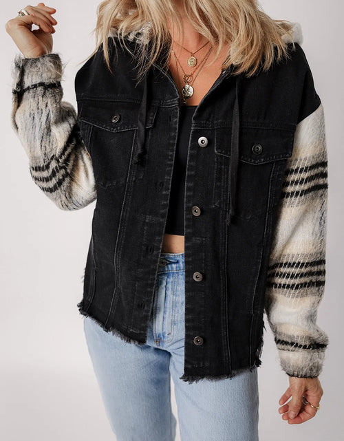 Load image into Gallery viewer, Drawstring Raw Hem Button Up Hooded Denim Jacket
