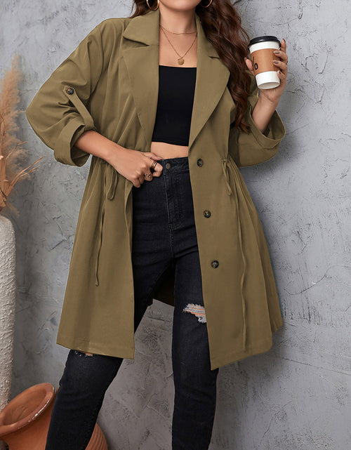 Load image into Gallery viewer, Honey Plus Size Lapel Collar Drawstring Roll-Tab Sleeve Trench Coat
