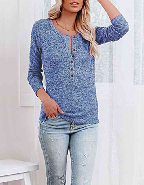 Load image into Gallery viewer, Round Neck Buttoned Long Sleeve T-Shirt

