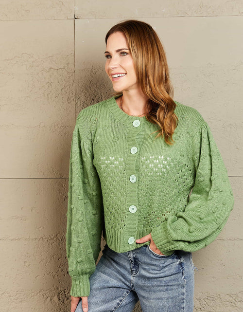 Load image into Gallery viewer, Woven Right Openwork Pompom Puff Sleeve Cardigan
