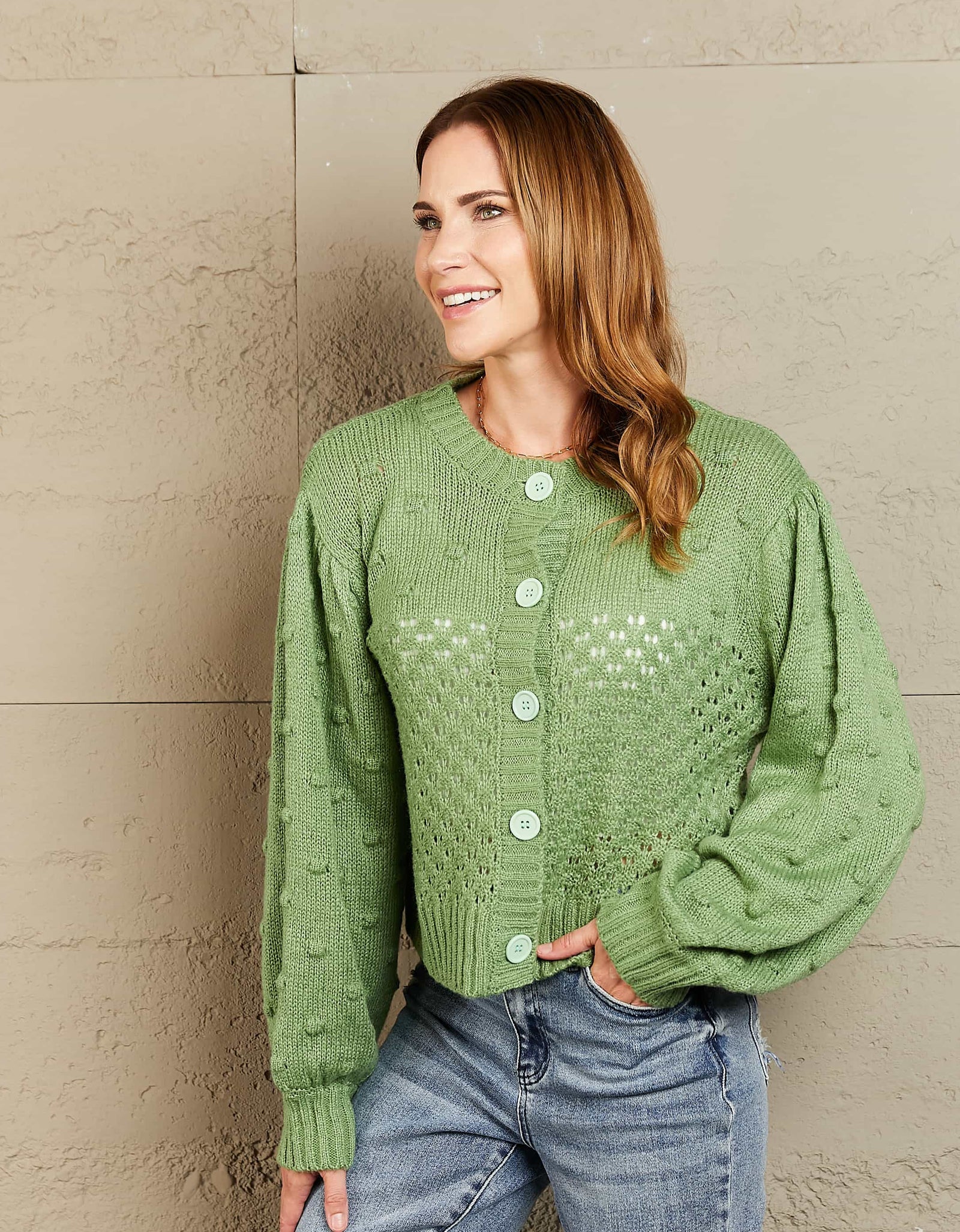 Woven Right Openwork Pompom Puff Sleeve Cardigan