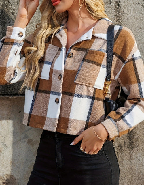 Load image into Gallery viewer, Plaid Collared Neck Cropped Jacket
