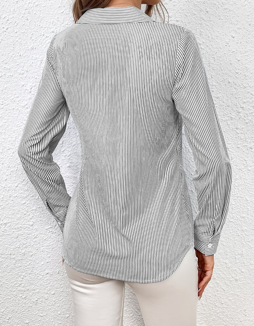 Load image into Gallery viewer, Ivy Lane Bow Tie Waist Johnny Collar Neck Striped Blouse
