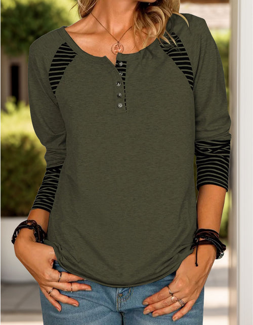 Load image into Gallery viewer, Full Size Striped Quarter Button Long Sleeve T-Shirt
