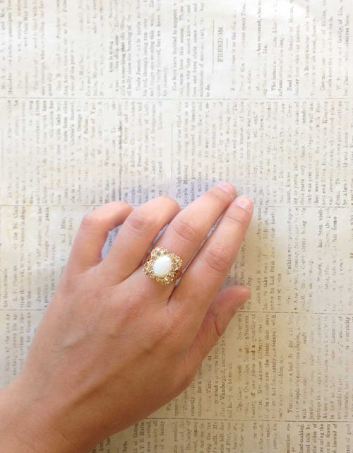 Load image into Gallery viewer, Vintage Emerald Green Crystal Cabochon Stone &amp; Clear Crystal Ring in 18kt Yellow Gold Electroplate by PVD Vintage Jewelry
