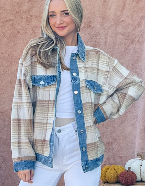 Load image into Gallery viewer, And The Why Full Size Washed Denim Detail Brushed Plaid Jacket
